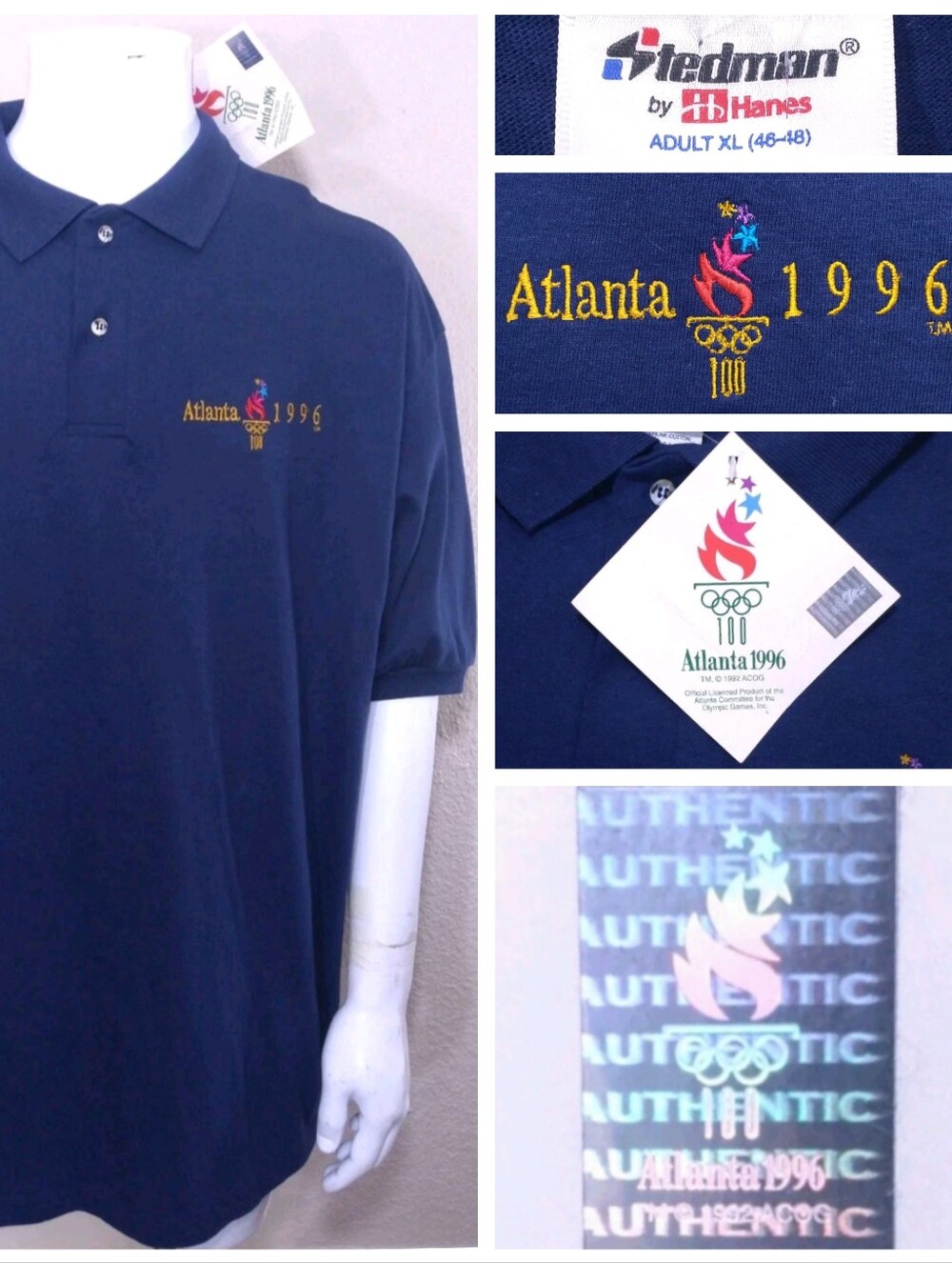 ATLANTA 1996 OLYMPICS Polo Shirt XL MULTICOLOR TORCH FLAME Logo MENS Vtg 90s USA